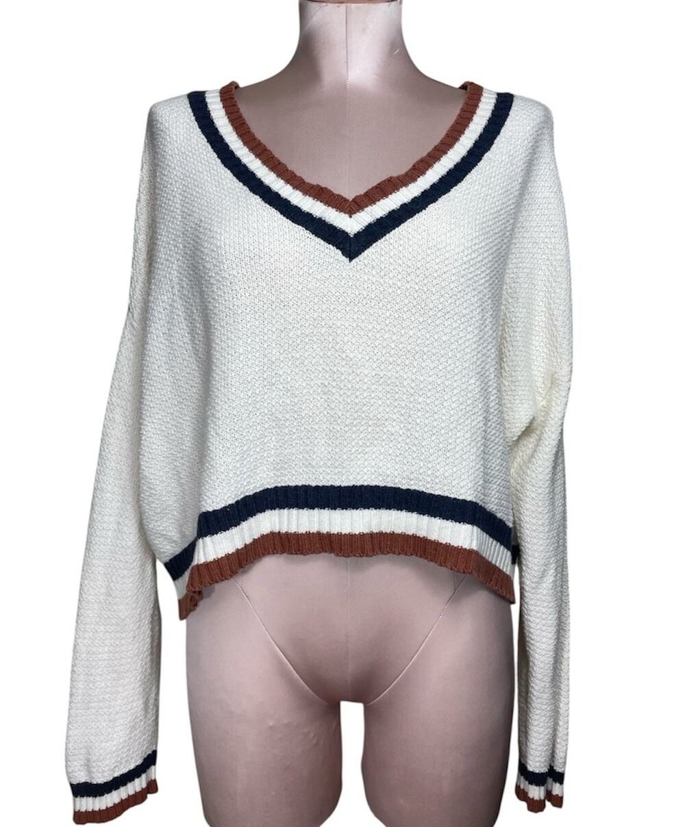 American Eagle V-Neck Cream Tan Blue Striped Cropped Sweater Preppy Women's M